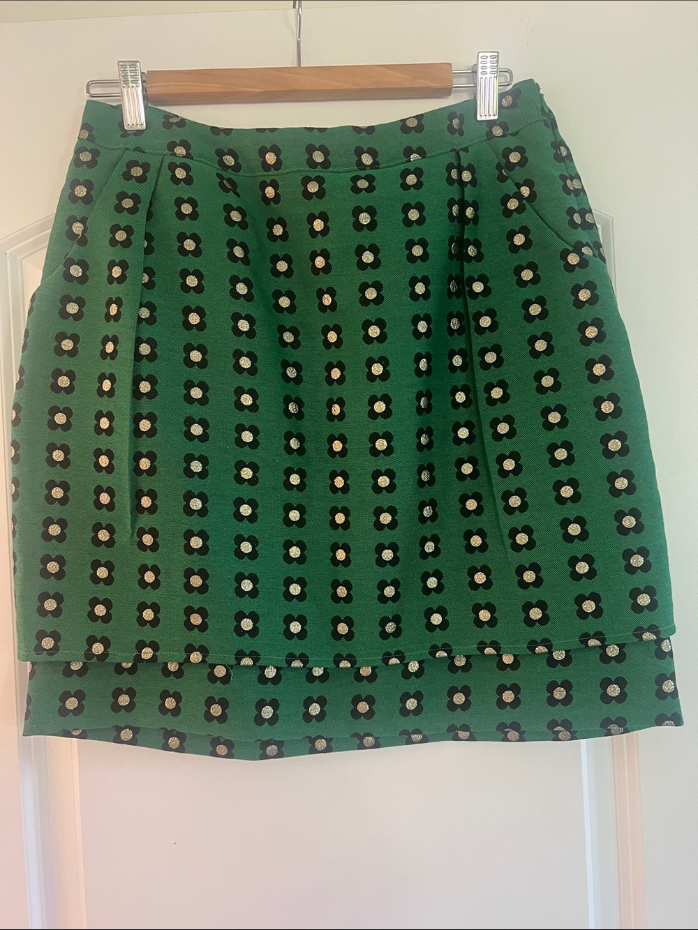 Anthropologie’s HD in Paris Green Floral Mini Skirt with Metallic Flowers